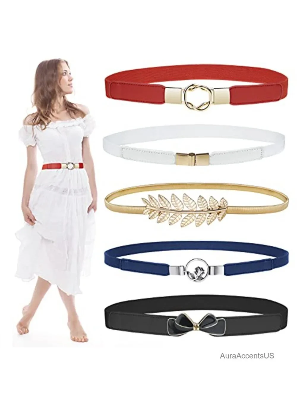 5 Pack Skinny Belts for Women Stretch Elastic Waistband Faux Leather
